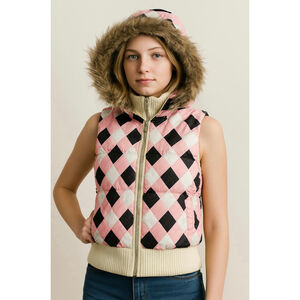 Deb Womens Puffer Vest Pink/Black Argyle Fur Hood Size S Outdoor Gorpcore Preppy